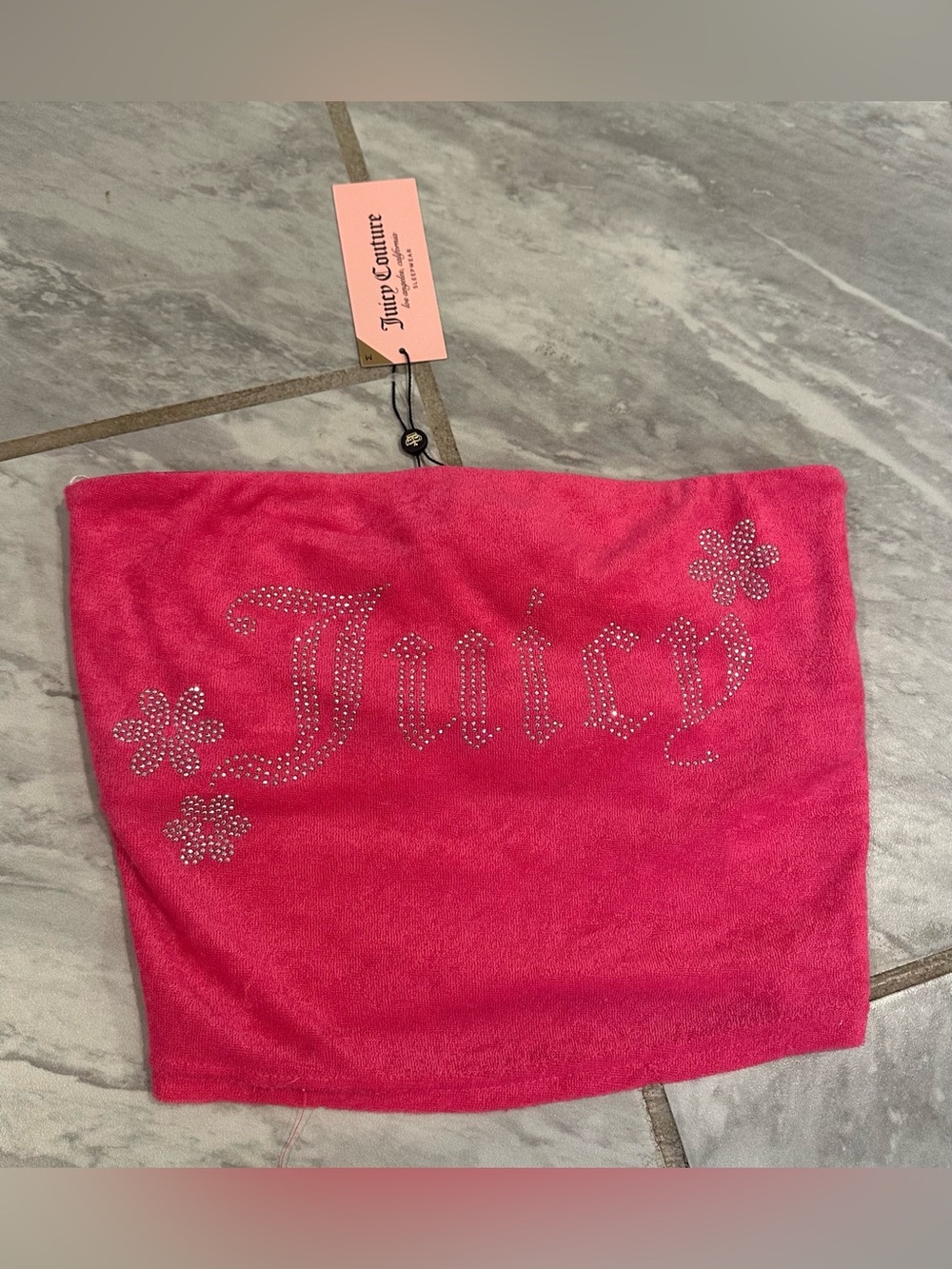 NWT Juicy Couture Womens Pink Terry Rhinestone Logo Strapless Tube Top Size M